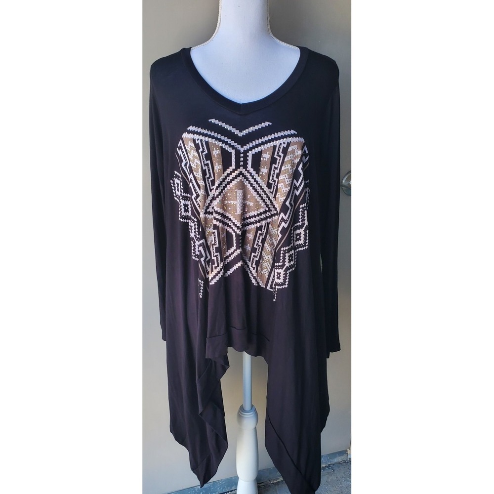 VOCAL Top Womens Small‎ Black Tan Rhinestones Cross Shark Bite Hem Aztec Tunic